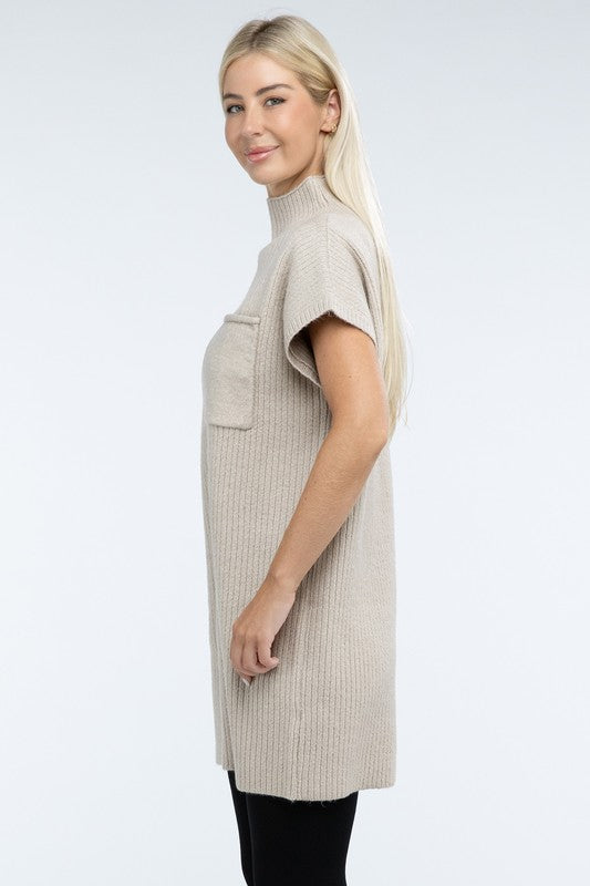 Mock Neck Short Sleeve Sweater Dress with Pocket in 6 Colors