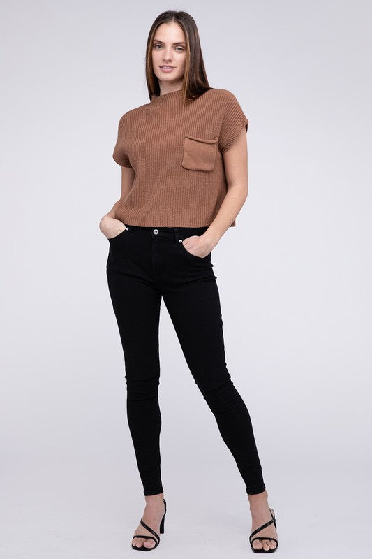 Mock Neck Short Sleeve Cropped Sweater in Mocha or Camel