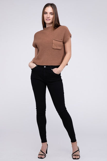 Mock Neck Short Sleeve Cropped Sweater in Mocha or Camel