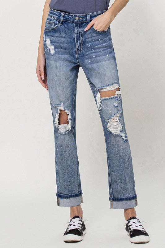 Stretch Mom Jeans w/ Spatter Detail and Cuff from Vervet