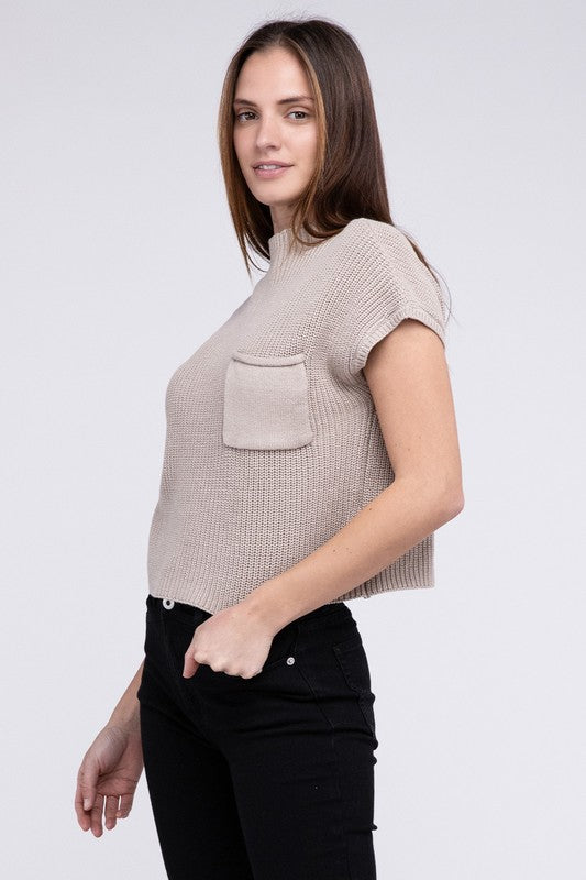 Mock Neck Short Sleeve Cropped Sweater in Mocha or Camel