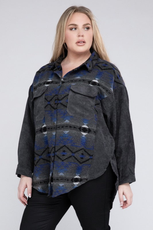 Plus Printed Button Down Long Sleeve Jacket in 2 Colors