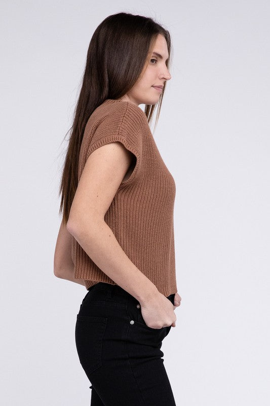 Mock Neck Short Sleeve Cropped Sweater in Mocha or Camel