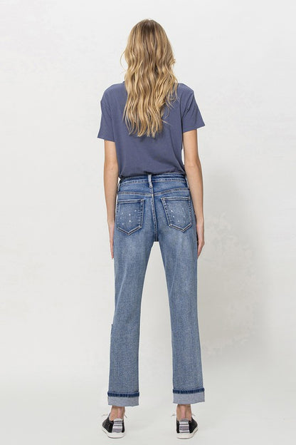 Stretch Mom Jeans w/ Spatter Detail and Cuff from Vervet