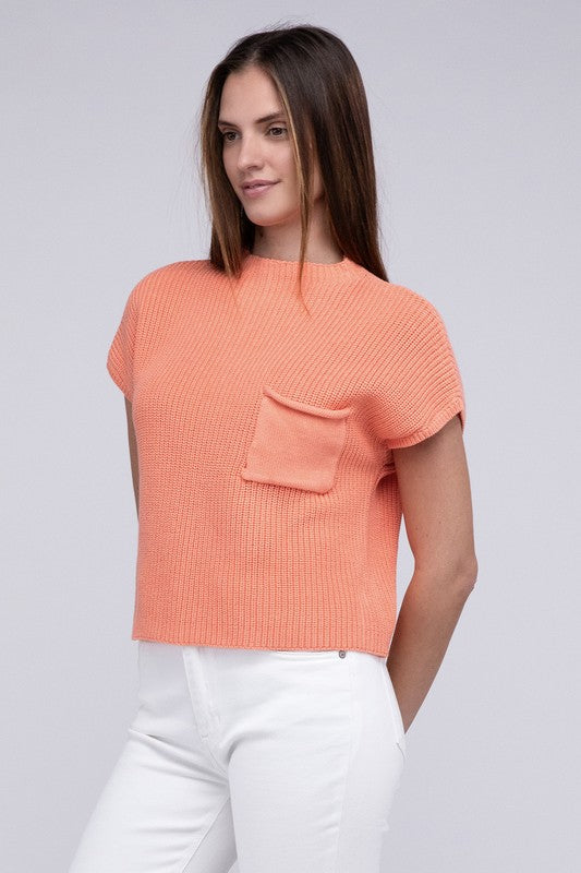 Mock Neck Short Sleeve Cropped Sweater in Mocha or Camel