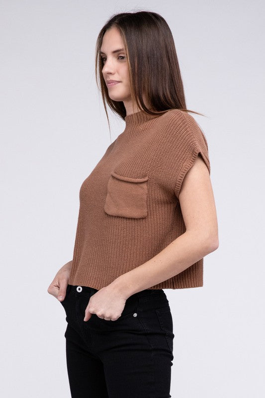 Mock Neck Short Sleeve Cropped Sweater in Mocha or Camel