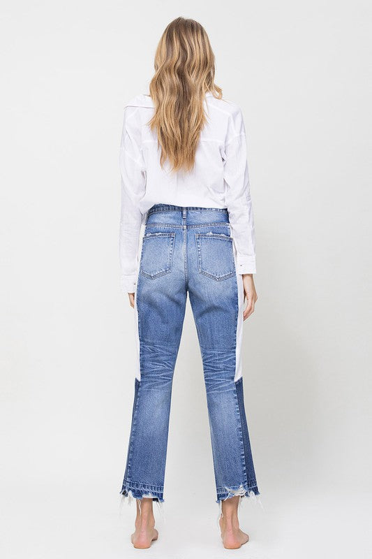 Super HIgh RIse Straight Crop Jeans with Colorblock Panel