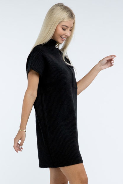 Mock Neck Short Sleeve Sweater Dress with Pocket in 6 Colors