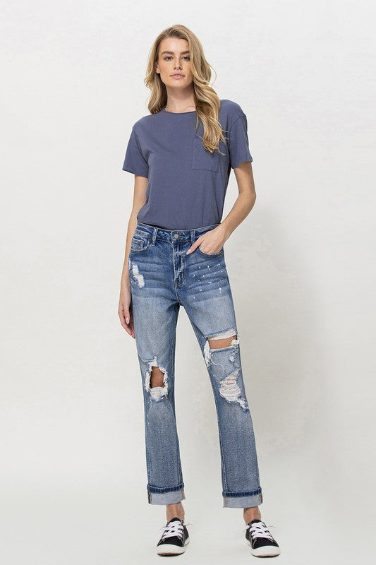 Stretch Mom Jeans w/ Spatter Detail and Cuff from Vervet