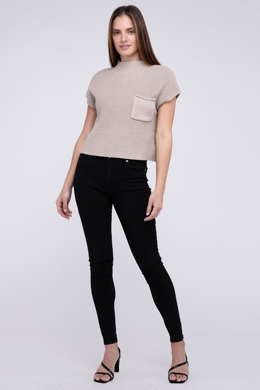 Mock Neck Short Sleeve Cropped Sweater in Mocha or Camel