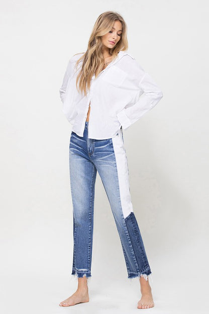 Super HIgh RIse Straight Crop Jeans with Colorblock Panel