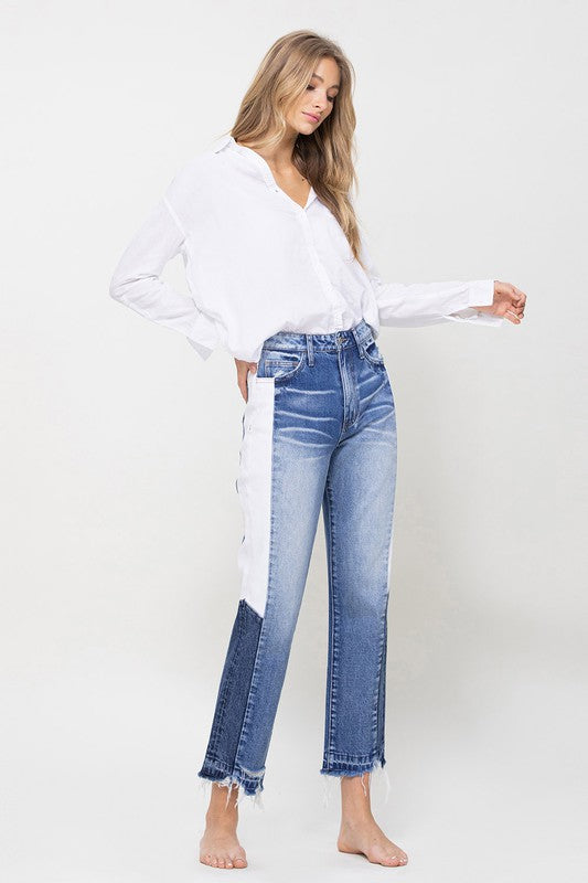 Super HIgh RIse Straight Crop Jeans with Colorblock Panel