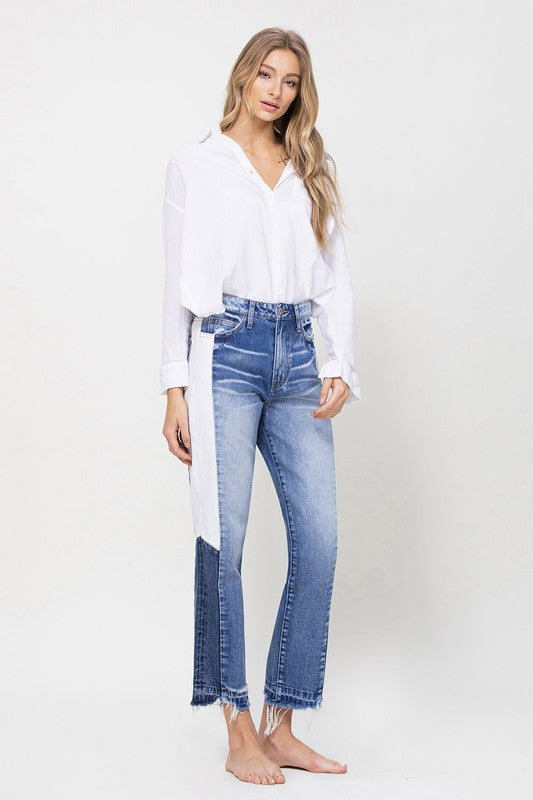 Super HIgh RIse Straight Crop Jeans with Colorblock Panel