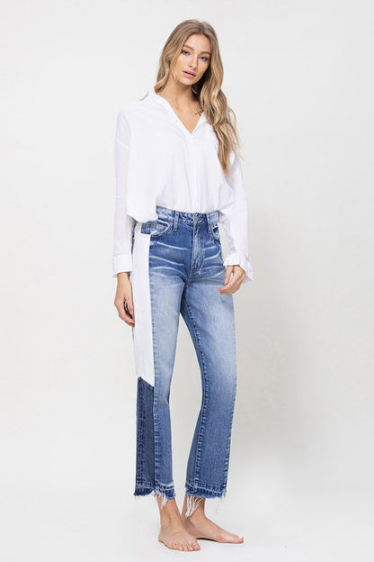 Super HIgh RIse Straight Crop Jeans with Colorblock Panel